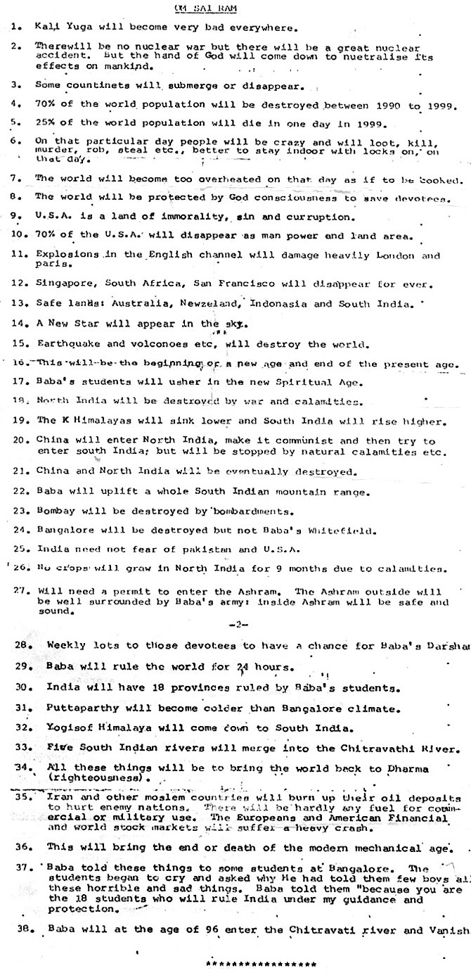 Global disaster prophesied at Kodaikanal by Sathya Sai baba to 18 students